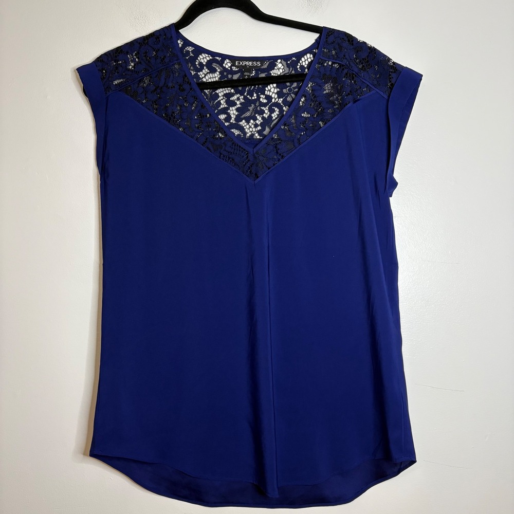 Express Royal Blue Lace Panel V-Neck Cap Sleeve Blouse Top Medium